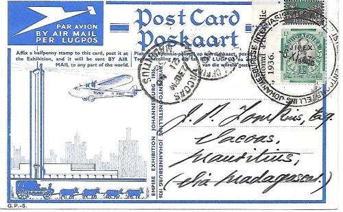 South Africa 1936 Jipex All Up Flight card to Mauritius very  fine